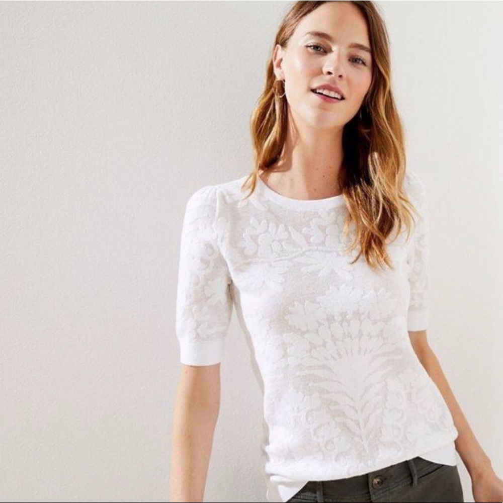 Loft Floral Jacquard Puff Sleeve Sweater